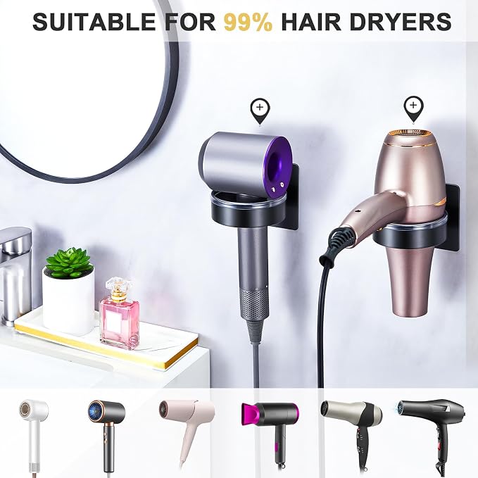 Hair Dryer Holder Wall Mount, Blow Dryer Holder Wall, Adhesive Hair Dryer Hanger, Blow Dryer Organizer, Hair Tools Organizer for Bathroom Salon Barber Shop Hotel (Black)