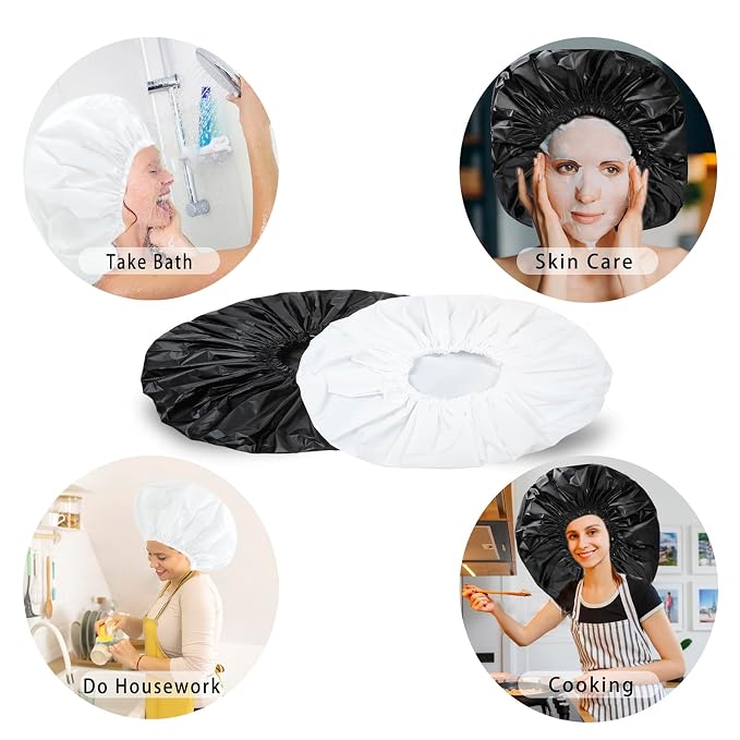 Super Jumbo Shower Cap for Women, 2 PCS Waterproof Hair Caps for Locs | Extra Large, Double Side Reusable PEVA Bath Cap, Washable, Holds Long Thick Twist Braid - Black + White