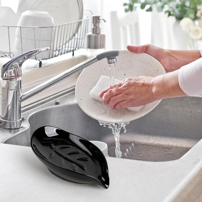 Soap Dish, Self Draining Soap Holder, Leaf Shape Ceramic Bar Soap Holder Drain Soap Dishes for Bathroom Sink Kitchen, Easy to Clean, Keeps Soap Dry, Black, ANTIS'S HOME