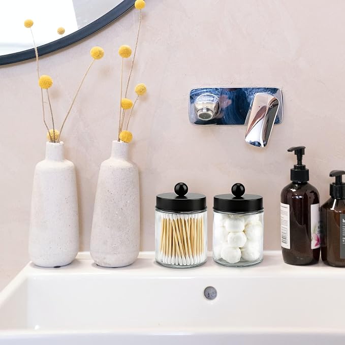 2 Pack Glass Apothecary Jars with Lids for Bathroom, Cute Qtip Holder, Black Bathroom Accessories Set, Small Bathroom Canisters with Lids for Q-Tips, Cotton Swabs, Black Bathhouses Decor