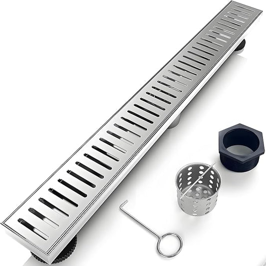 36 Inch Linear Shower Drain Bathroom Kitchen Silver Floor Drain Removable Capsule Pattern Cover Accessories Shower Drain 304 Stainless Steel Drain with Hair Strainer Adjustable Leveling Feet