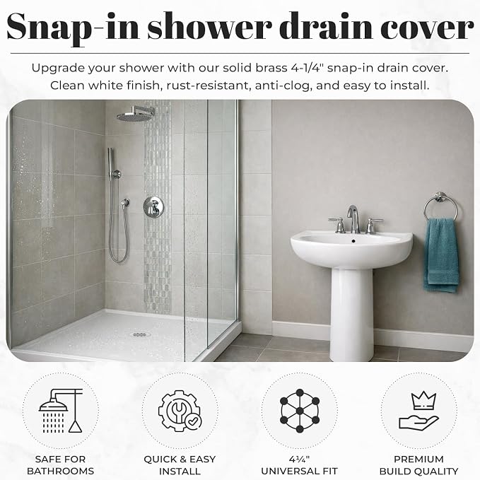4 ¼” White Snap-in Shower Drain Cover - Stainless Steel Replacement - 4.25" OD Shower Drain Strainer - Easy Install - Premium Round Shower Drain Cover - Solid Brass Construction