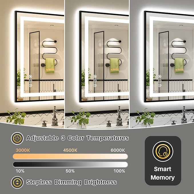 48x36 Inch LED Bathroom Mirror with Black Frame, Backlit & Front Lit | Anti-fog, 3 Color Dimmable, Memory Function, HD Reflection Tempered Glass, ETL Listed, IP54 Waterproof