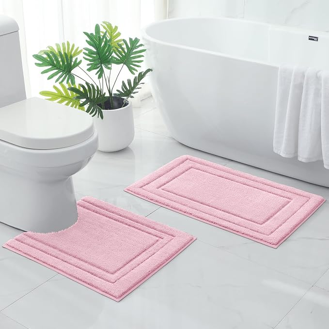 HOMEIDEAS Bathroom Rugs Sets 2 Piece, Super Soft and Absorbent Non Slip Microfiber U-Shaped Toilet Bath Mat Set (20"x32"+U20 x24, Light Pink) | Super Soft and Absorbent Non Slip Microfiber Bath Rug，Machine Washable, for Bathroom, 20"x32"+U Shape 20"x24"