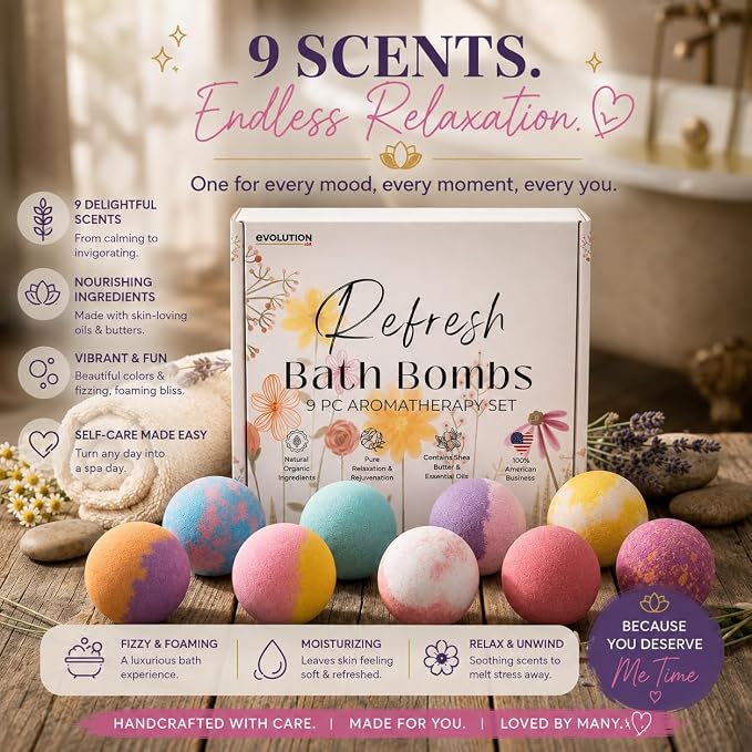 EvolutionUSA 9 Refresh Bath Bombs for Women – Fun Bath Bombs Mini Sized, Fun Womens Gift for Mother’s Day, Easter, Valentines, Birthday or Self Care, Organic Bathbombs Kids & Women, Bath Fun