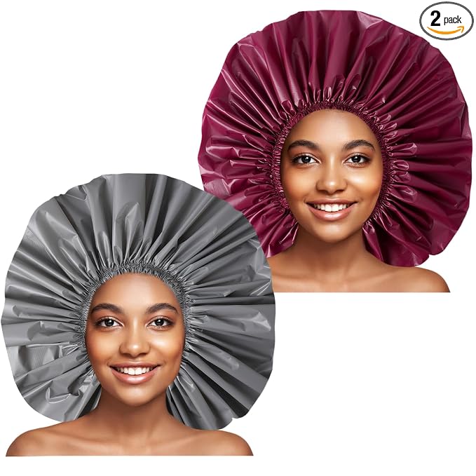 Super Jumbo Shower Cap for Women, 2 PCS Waterproof Hair Caps for Locs | Extra Large, Double Side Reusable PEVA Bath Cap, Washable, Holds Long Thick Twist Braid - Grey+Purple-red
