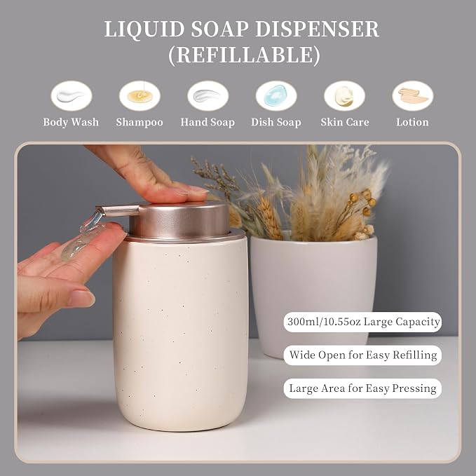 BosilunLife Apricot Ceramic Bathroom Accessories Set of 4 | Bathroom Decor Sets Accessories Bathroom Lotion Soap Dispenser and Toothbrush Holder Set, Soap Dish, Apothecary Jars.(Liquid)