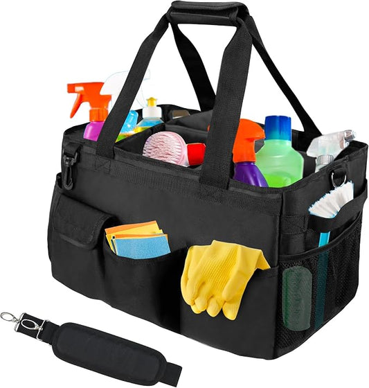 Cleaning Caddy Organizer With Handle,Cleaning Caddy Bag- Large Caddy Bag For House, Car Cleaning Supplies, Housekeeping Handbag With Adjustable Shoulder Straps (Black)