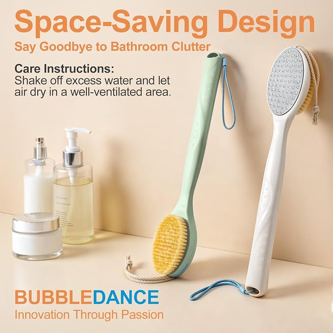 BUBBLEDANCE® Long Handle Foot Scrubber & Brush – 2-in-1 for Shower | Stainless steel removes calluses & rough heels; nylon bristles exfoliate feet; extendable 17.5"-31.9"; non-slip, rust-proof