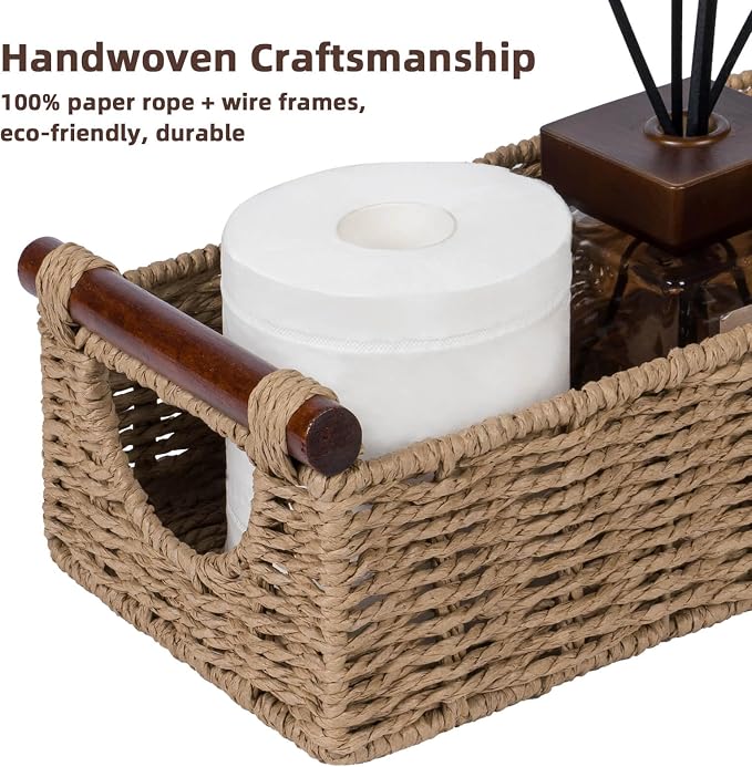 CubesLand Small Wicker Toilet Basket Tray Organizer W/Cut Out Handle, Handwoven Slim Decorative Basket for Countertop, Shelves And for Rustic Home Decor, Living Room, Nursery Organization, Neutral