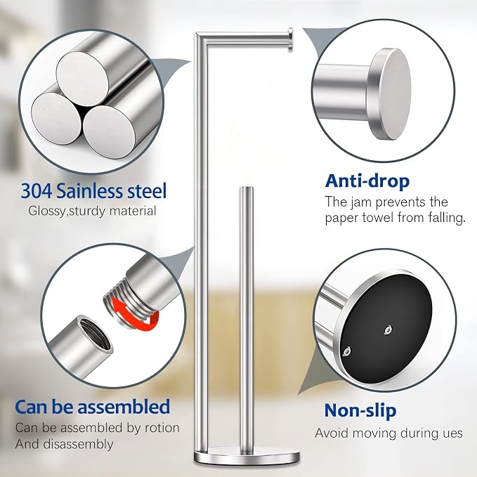 Toilet Paper Holder Stand, Bathroom Free Standing Storage, Brushed Nickel | Rustproof Toilet Paper Roll Holder for 4 Rolls,with Non-Slip Stable Base,Bathroom Organizers and Storage
