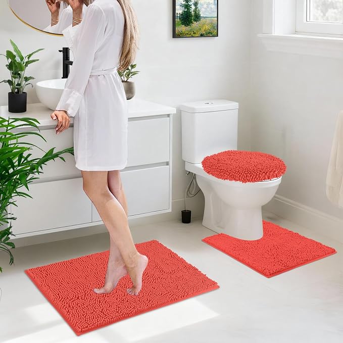 Bathroom Rugs Sets 3 Piece with Toilet Seat Cover 19.5"x 18.5" | Machine Washable Bath Rug Set with Tpr Non Slip Rubber Backing Solid Bath Mat Set for Luxury Bathroom Decoration