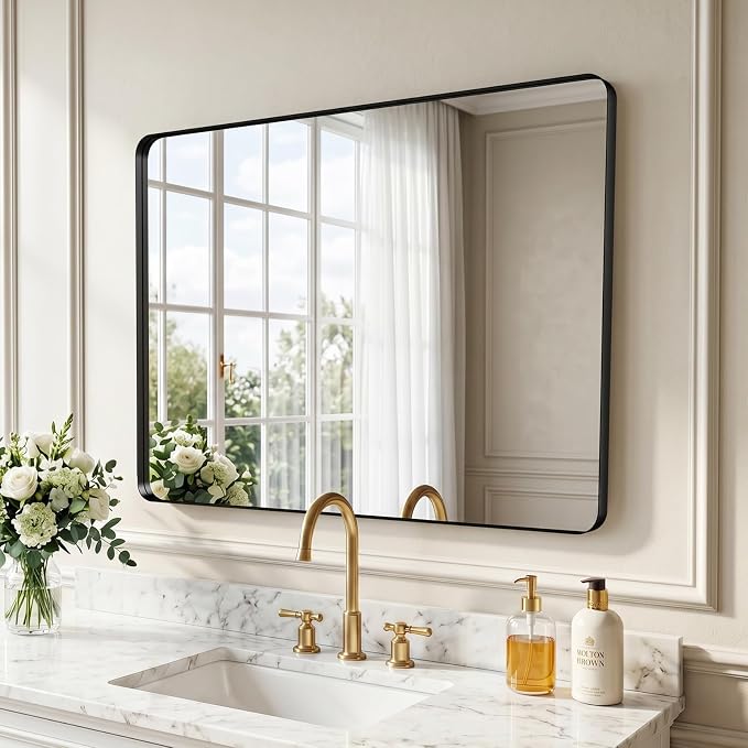 40"x30" Bathroom Vanity Mirror for Wall Aluminum Framed Farmhouse Rectangle | Anti-Rust, HD Reflection Anti-Desilvering, Distortion Free, Tempered and Shatter-Proof Wall Mounted Mirror, Black