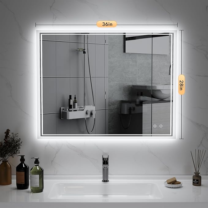 LED Mirror for Bathroom, 28"x36" Lighted Vanity Mirror with Anti-Fog, IP44 Waterproof, 3 Colors Dimmable, Backlit, Memory Function, Touch Control Wall Mount Bathroom Mirror, Horizontal/Vertical