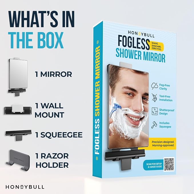 HONEYBULL Fogless Shower Mirror for Shaving with Water Tank, Adhesive Mount | Built in Water Reservoir for Natural Fog Free Effect, Easy Installation, Bonus Squeegee, Razor Holder, 5.5" x 8" Mirror