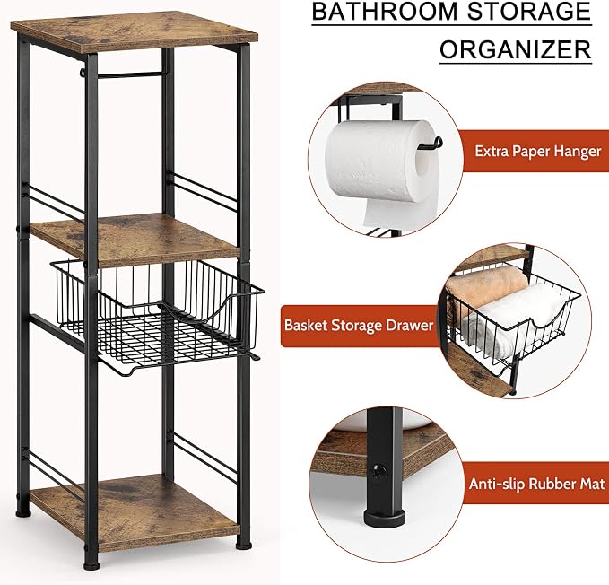 OYEAL Small Bathroom Floor Storage Cabinet 3 Tier Corner Storage Organizer with Drawer Freestanding Bathroom Towel Storage Unit for Small Space Laundry Room Entryway Kitchen, Rustic Brown