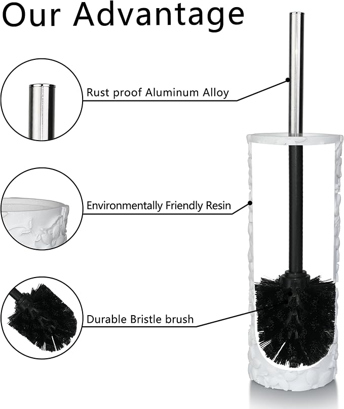 White Floral Design Resin Toilet Bowl Holder and Brush Set, Stylish Bathroom Cleaning Tool with Durable Bristles, Compact and Functional