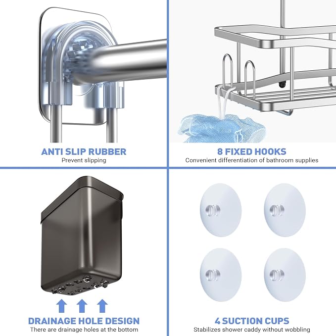 Hanging Shower Caddy Over Shower Head - No Drill Rustproof Shower Rack | Includes Soap Holder and Hooks for Shampoo, Conditioner, and Bathroom Essentials with Stable Storage in Any Shower Space