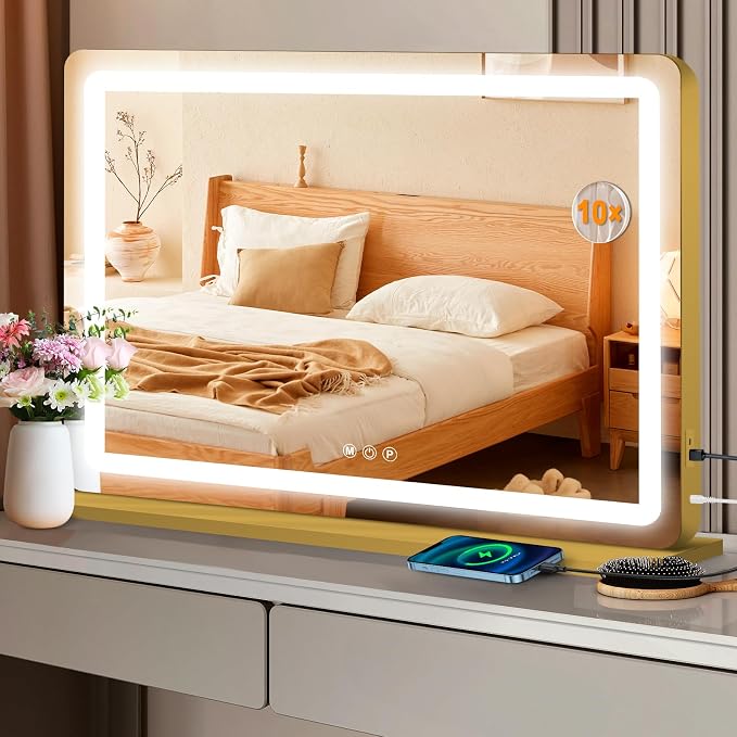 Ratsamee Vanity Mirror with Lights, Led Makeup Mirror, Lighted Makeup Mirror with 3 Color Dimmable Lights, Smart Touch Screen Control, Aluminum Metal Frame,USB Charging Port