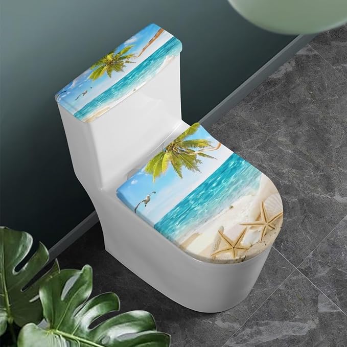 Beach Starfish Toilet Lid Cover Set of 2 Pieces,Blue Sky Pint Toilet Seat Covers with Elastic Edges Washable Set Portable Replacement
