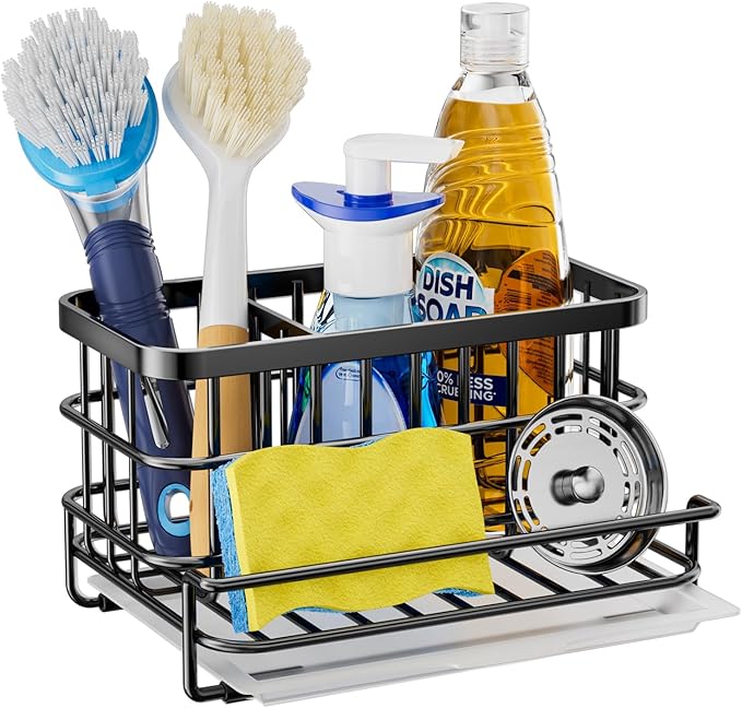 HapiRm Kitchen Sink Organizer, SUS304 Stainless Steel Rustproof Multifunctional Sink Caddy with Sponge Holder and Drain Tray for Kitchen Countertop (Black)