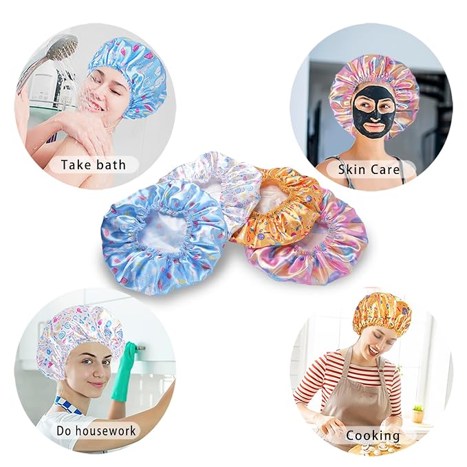 Shower Caps for Women, 4 PCS Reusable Waterproof Bath Cap | Double Layer, Washable, Wide Elastic Band, Holds Long Hair, Caps for Bath Accessories, Spa, Travel Home - Watermelon