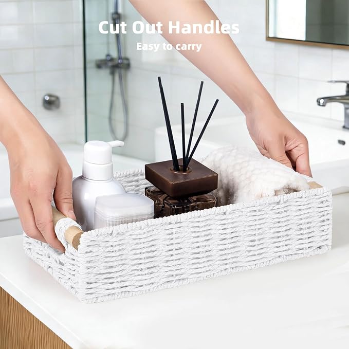 CubesLand Back of Toilet Storage Basket for Organizing w/Cut Out Handle, Handwoven Toilet Tank Top Paper Baskets, Small Wicker Decorative Basket for Countertop, Home, Living Room, Nursery, White