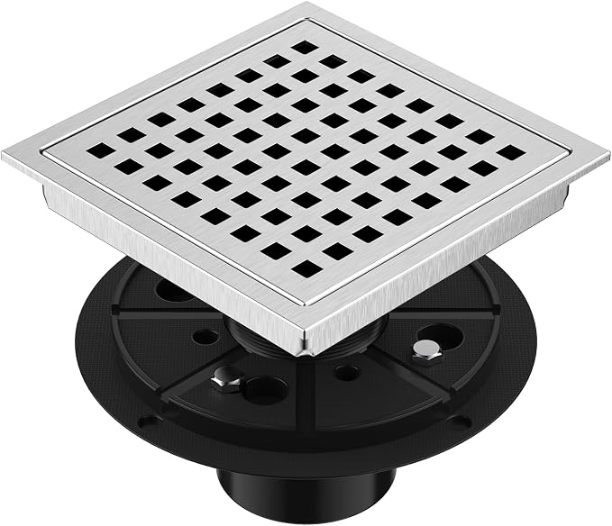 EXF 6 Inch Square Shower Drain Brushed Nickel, Stainless Steel Shower Floor Drain Kit with ABS Flange, Removable Grid Cover, Hair Strainer