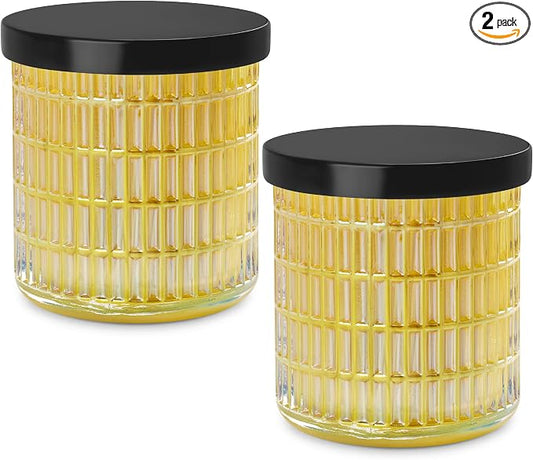 Qtip Holder for Bathroom set of 2, Clear Glass Apothecary Jars with Lids, Bathroom Canisters for Cotton Balls,Swabs,Floss Picks,Hair Ties,Vanity Organizer and Storage,Vintage Decor (Yellow)