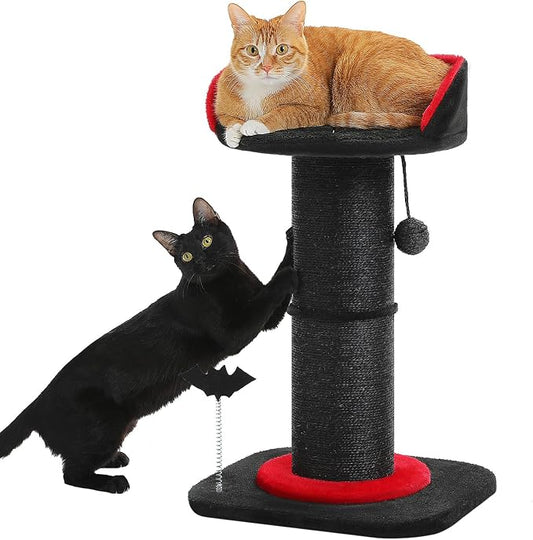 PEQULTI Gothic Cat Scratching Post, Super Thick 5.5in Sisal Post, Black | Small cat & kitten scratcher: removable cat bed, sisal + spring ball, enlarged double base; Gothic black cat tree