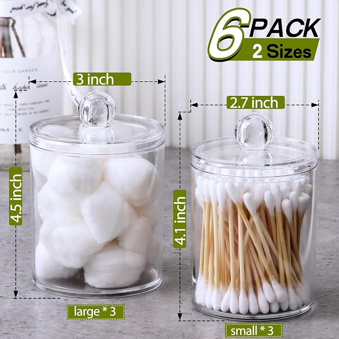 6 Pack Acrylic Qtip Holder Dispenser for Cotton Swabs, Balls, Floss Picks | Thick, Highly Clear, w/ Labels - Small Canister Apothecary Jar Set, Bathroom Decor Essentials, Shelf Vanity Storage Organizer