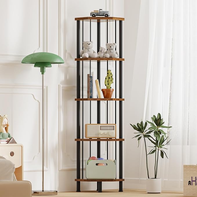 HOOBRO 5-Tier Corner Shelf Stand, Industrial 58.3" Corner Shelf, Corner Bookshelf Storage Stand, Tall Display Shelf Plant Stand for Small Space, Bathroom, Living Room Decor, Rustic Brown BF93CJ01