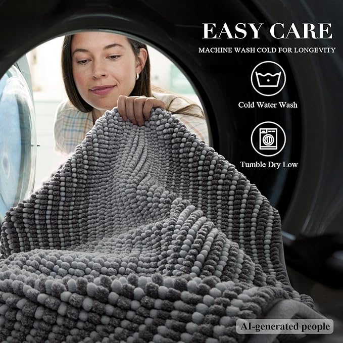 Bathroom Rugs, 20x32 Chenille Bath Mats, Stone Blue | Extra Soft Absorbent, Non Slip Striped, Quick Dry Machine Washable, Shower Rug for Bathroom Bedroom Decor
