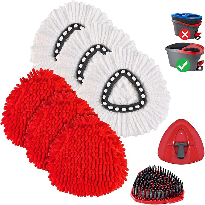 Mop Replacements Heads for OCedar EasyWring, 3 Microfiber Head Refills and 3 Chenille Pads,1 Scrub Brush, and 1 Base