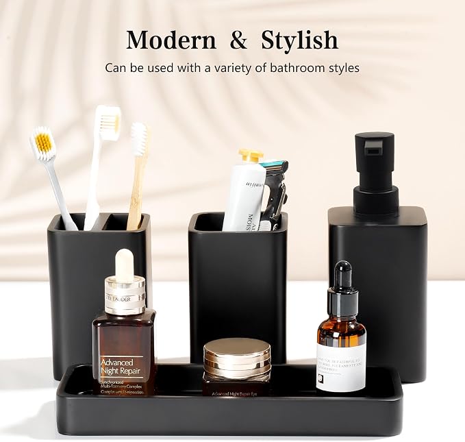 YMXYJM Bathroom Accessories Set, 4 Piece Toothbrush Holder Set, Matte Black | Bathroom Accessory Set with Soap Dispenser, Toothbrush Holder, Tumbler, Vanity Tray, Bathroom Sink Set for Modern Home Decor