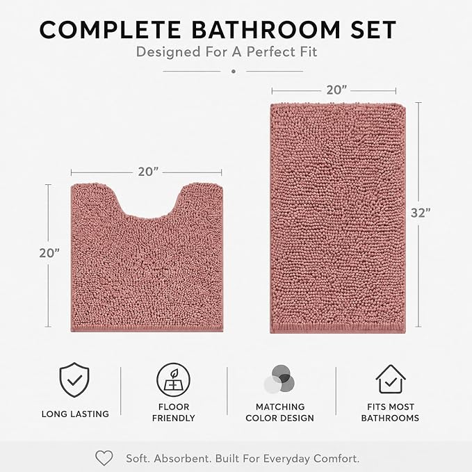 Bathroom Rugs Sets 2 Piece,Super Absorbent Soft,Thick,Machine Washable Chenille Bath Mat,Non Slip Toilet Floor Rug,Bath Mats for Bathroom,20x32 Plus 20x20 U Shape,Dusty Rose