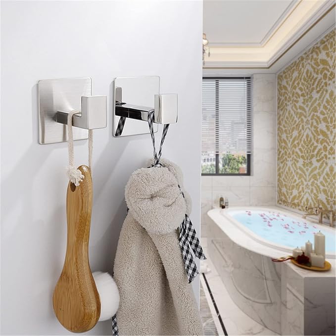 Flybath Coat Hook SUS 304 Stainless Steel Square Towel Robe Hooks Wall Mounted Self Adhesive (No Drilling), Brushed Finish - 2 Pack