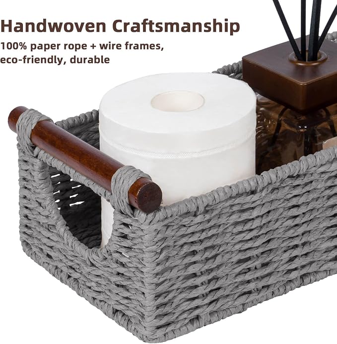 CubesLand Wicker Toilet Storage Basket Tray Organizer W/Cut Out Handle, Slim Decorative Basket for Countertop, Shelves And for Versatile Home Decor, Living Room, Nursery Organization, Grey