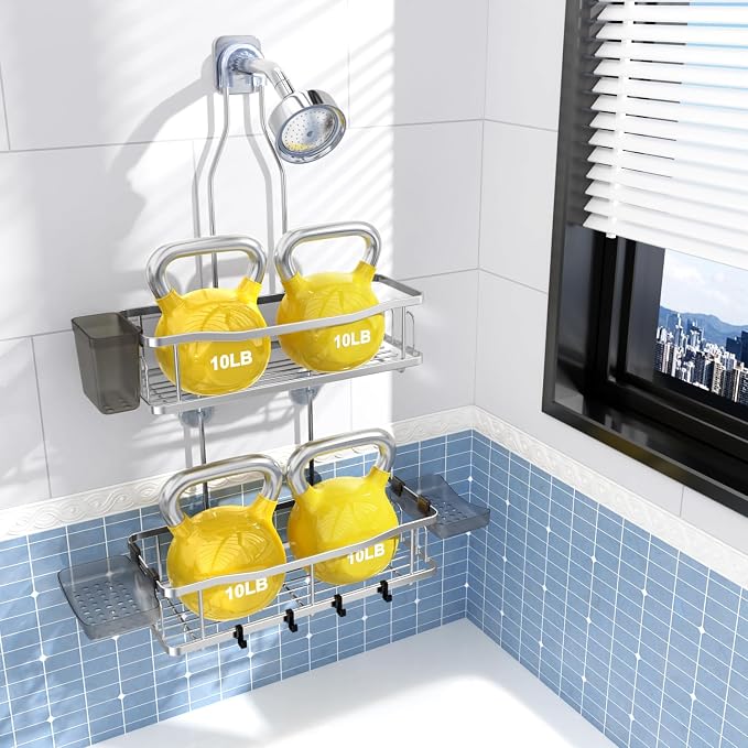 Hanging Shower Caddy Over Shower Head - No Drill Rustproof Shower Rack | Includes Soap Holder and Hooks for Shampoo, Conditioner, and Bathroom Essentials with Stable Storage in Any Shower Space