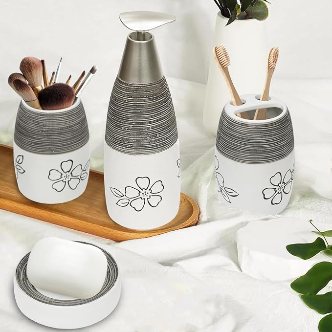 CERBIOR Bathroom Accessories Set,4 PCS Ceramic Bath Accessory,White Flower | Includes Toothbrush Holder, Toothbrush Cup, Soap Dish for Decorative Countertop and Housewarming Gift