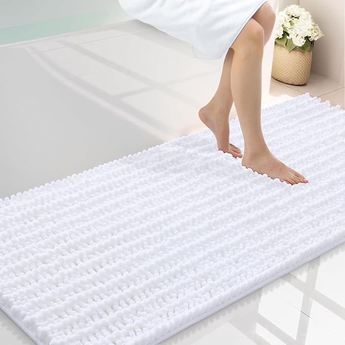 Smiry Bathroom Rugs 59X20, Extra Soft Rubber Backing Chenille Bath Mats | White Machine Washable Non Slip Quick Dry Bath Mats for Bathroom Floor, Tub, Shower, Home Decor Accessories