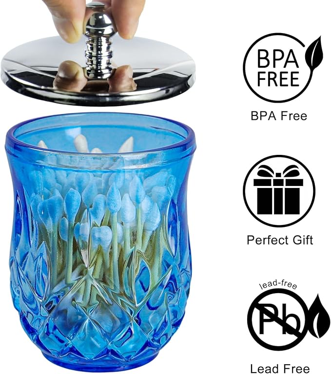 10Oz Blue Glass Q-Tip Holder, Thick Glass & Silver Lid | Round Design, for Q-Tips, Cotton Pads, Jewelry, Candy, Square
