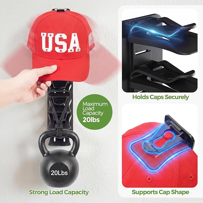 DIY 2Pack Hat Organizer – Holds 36 Hats, Adjustable Clips, Adhesive or Screw Mount, for Baseball Caps & Snapbacks, Space-Saving Cap Holder & Hat Storage Wall Rack for Closet & Door, Black