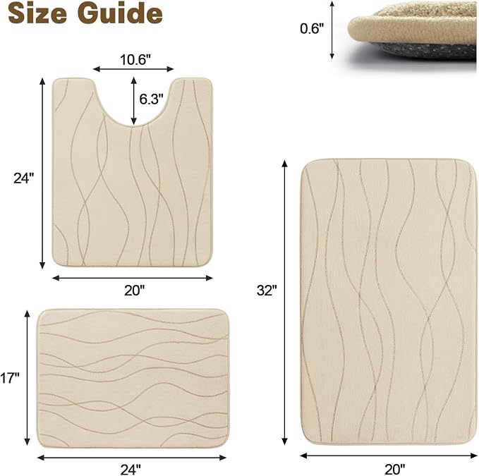 Bathroom Rugs Set 3 Piece, Memory Foam Bath Mat Khaki | Ultra Soft, Absorbent, Non-Slip, Machine Washable, for Bathroom, Sink and Toilet