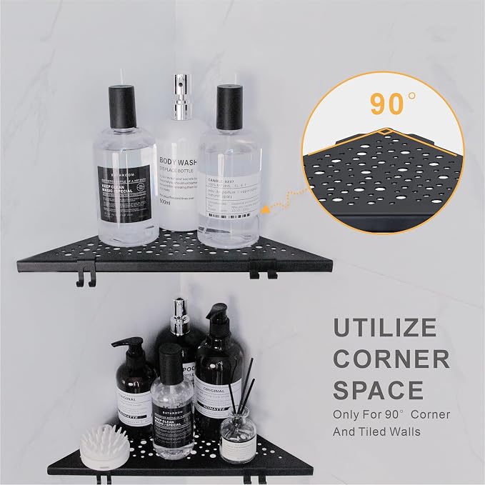 WELLUP Corner Shower Shelf with 4 Hooks,10 Inch 304 Stainless Steel Recessed Bathroom Shelves,No-Drilling Installation for Tiled Wall,Matte Black, 2-Pack