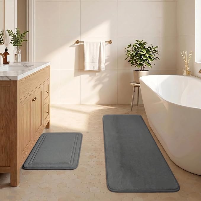 Grey Bathroom Rugs Memory Foam Bath Mat Runner Rug Set of 2 | Non Slip Washable Floor Mats Soft Absorbent Plush Microfiber Shower Tub Bathmat Gray