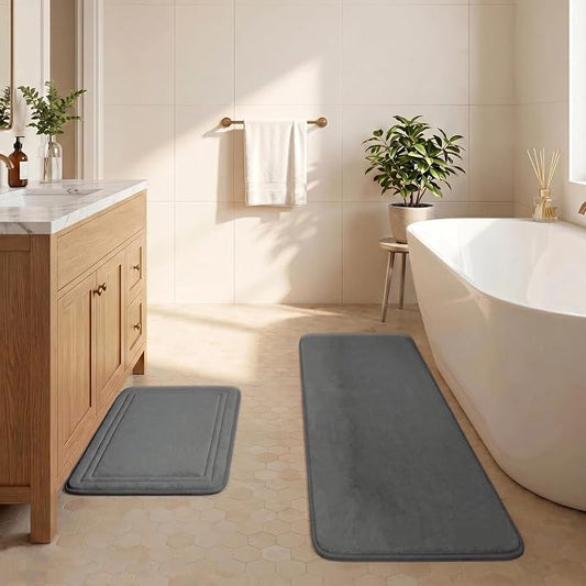 Grey Bathroom Rugs Memory Foam Bath Mat Runner Rug Set of 2 | Non Slip Washable Floor Mats Soft Absorbent Plush Microfiber Shower Tub Bathmat Gray