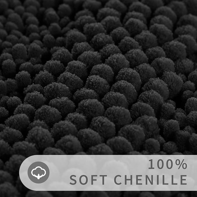 Yimobra Bathroom Rug Set 2 Piece, Absorbent Chenille, 32x20+24x17, Black | Non Slip Machine Washable Quick Dry Bath Mat Set, Soft Plush Shower Rugs for Bathroom Floor Sink Tub and Shower Outside