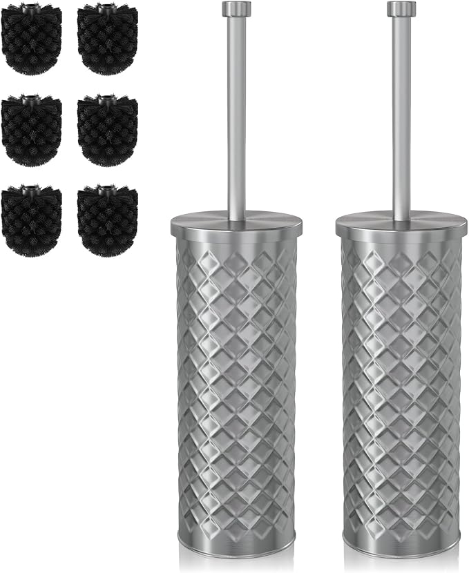 Toilet Bowl Brush and Holder Set 2 Pack with 4 Extra Brush Heads (Silver) | Extra Long Handle with Splash Guard Cover, Tool-Free Installation, Bathroom Space-Saving, Cleaner Sets for Apartments, RV