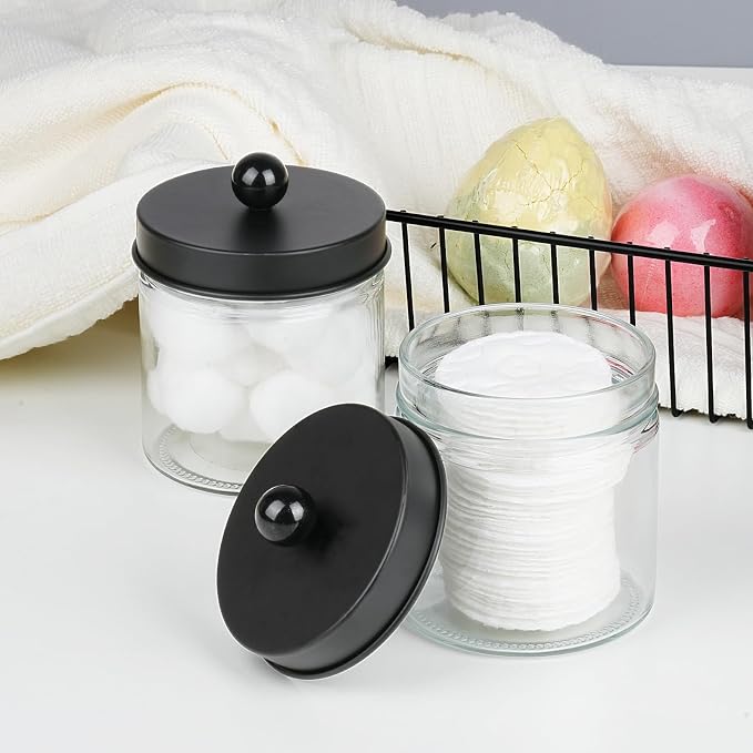 SheeChung Glass Mason Jar Qtip Holder, Black Stainless Steel Lids, 2 Pack | Clear Apothecary Jar Canisters Set,Bathroom Jar Dispenser,Vanity Storage Organizer for Cotton Swab,Ball,Floss,Farmhouse Decor